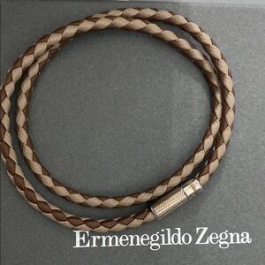 NEW Ermenegildo Zegna Brown Braided Leather Bracelet with silver clasp